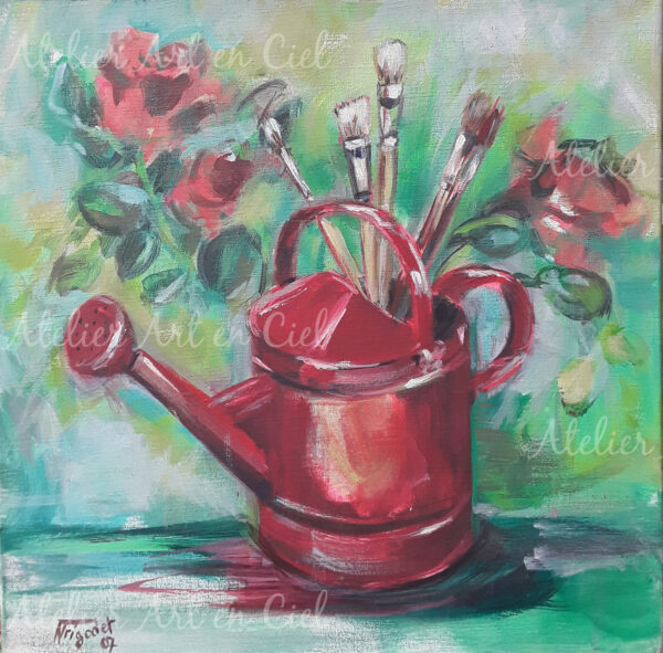 Arrosoire rouge - Acrylique Nathalie Trigodet - Artiste peintre La Rochelle