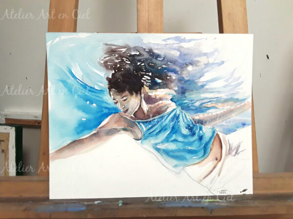 Jeanne sous l'eau - aquarelle - Nathalie Trigodet -Artiste peintre La Rochelle