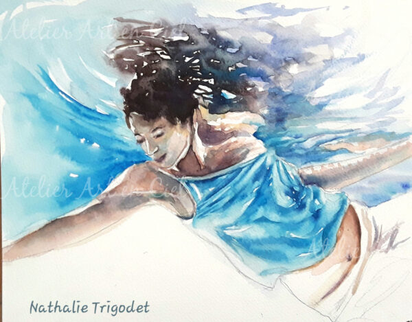 Jeanne sous l'eau - aquarelle - Nathalie Trigodet -Artiste peintre La Rochelle