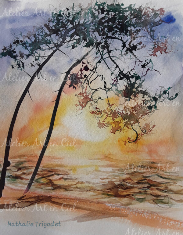 Le pin sur la plage - aquarelle - Nathalie Trigodet - Artiste peintre La Rochelle