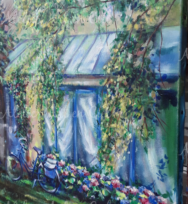 Le vélo bleu dans le jardin - huile - Nathalie Trigodet - Artiste peintre La Rochelle