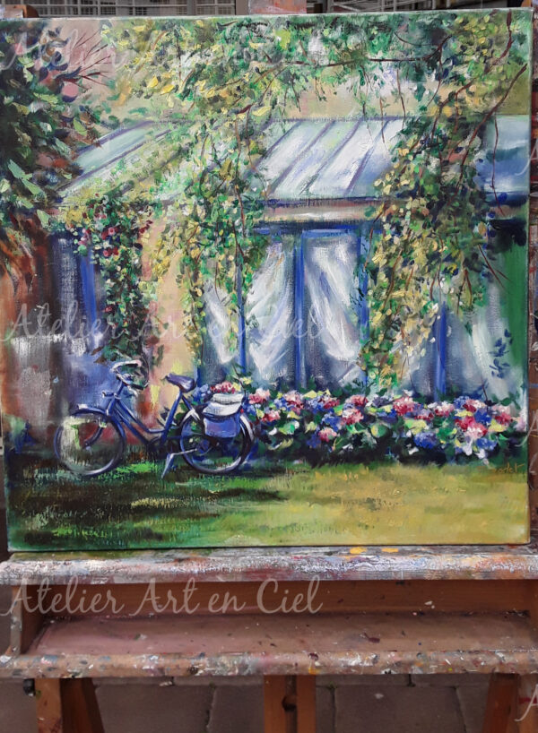 Le vélo bleu dans le jardin - huile - Nathalie Trigodet - Artiste peintre La Rochelle