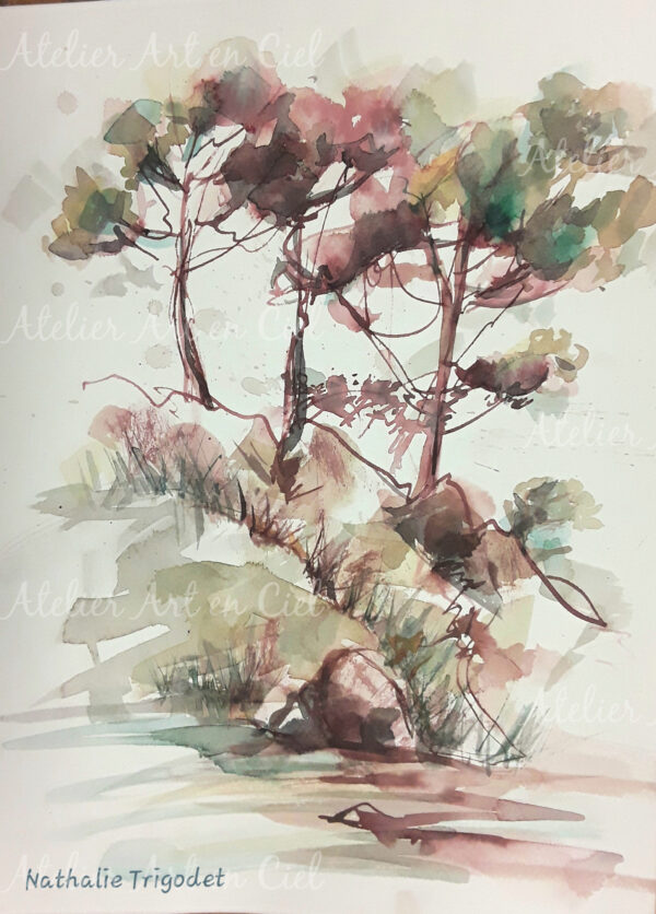 Plage des tamaris en deux couleurs - Aquarelle - Nathalie Trigodet - Artiste peintre La Rochelle