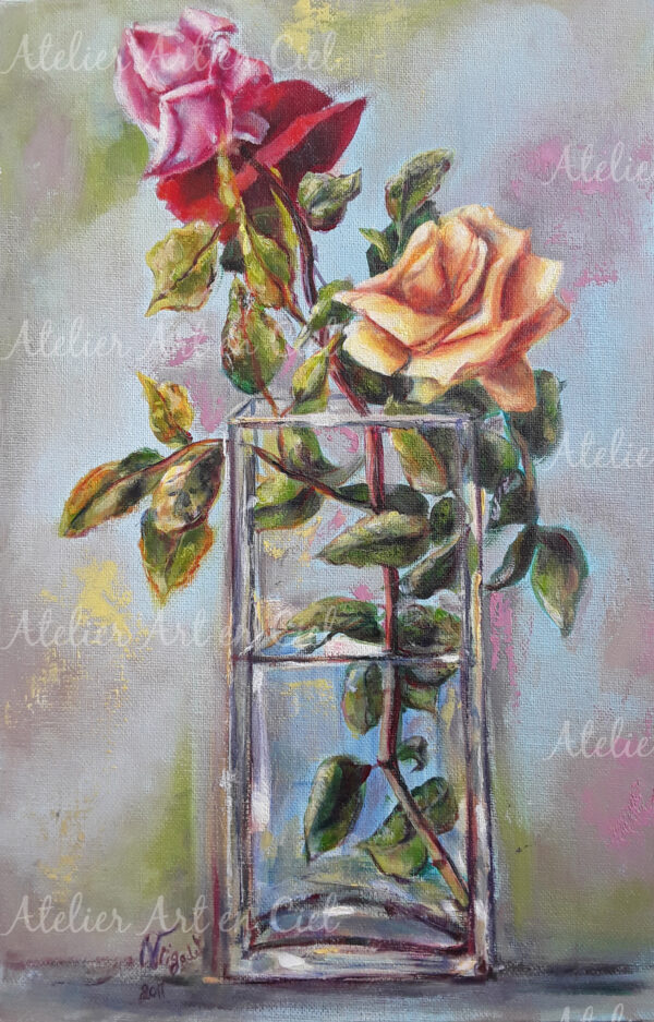 Vase aux trois roses - huile - Nathalie Trigodet - Artiste peintre La Rochelle