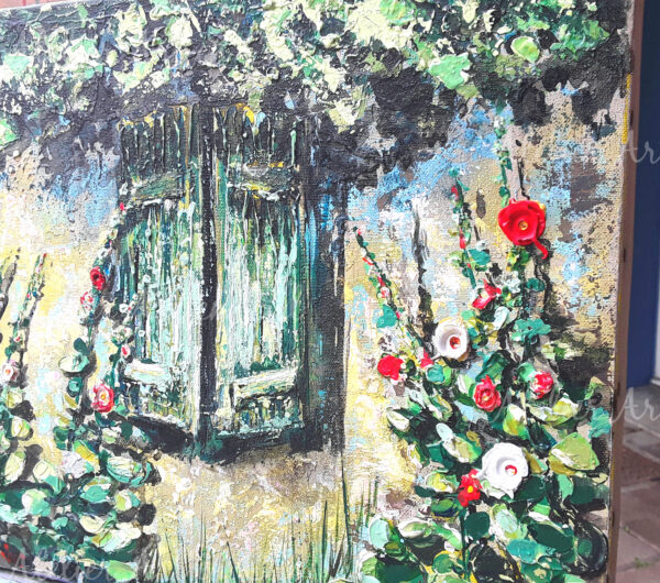 Volets verts trémières - acrylique- Nathalie Trigodet Artiste peintre La Rochelle