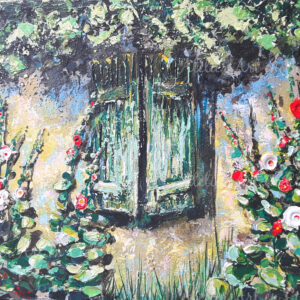 Volets verts trémières - acrylique- Nathalie Trigodet Artiste peintre La Rochelle