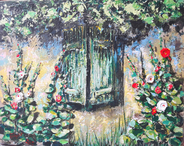 Volets verts trémières - acrylique- Nathalie Trigodet Artiste peintre La Rochelle