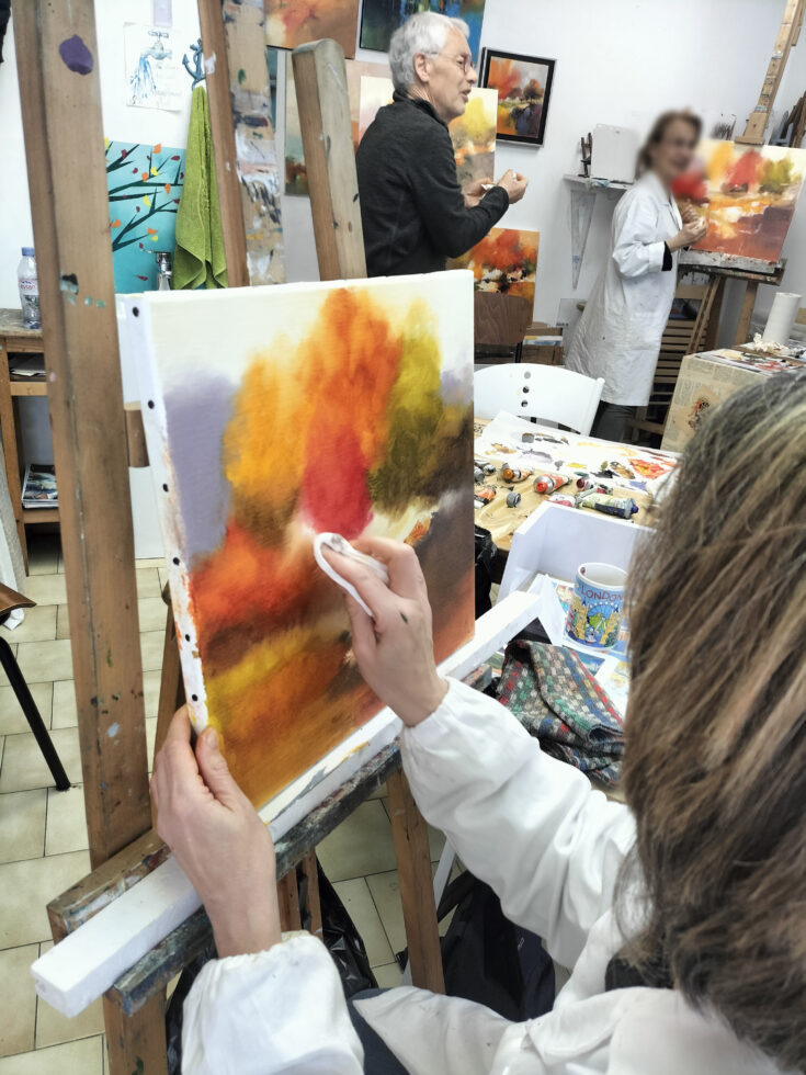 Stage "figuration libre" au couteau , en huile sur toile avec Gérard Mursic, chez Nathalie Trigodet, Artiste Peintre La Rochelle